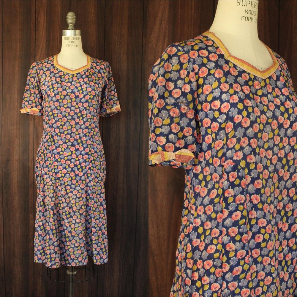 Vintage Antique 1920s Dress, Silk Blue and Pink Floral Print Day Dress, Ribbon